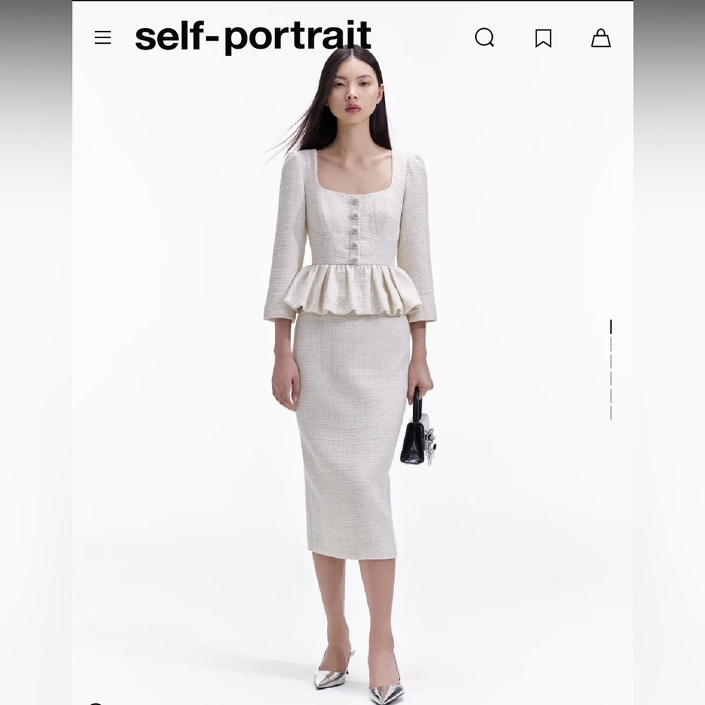 Self-Portrait Cream Boucle Peplum Midi Dress